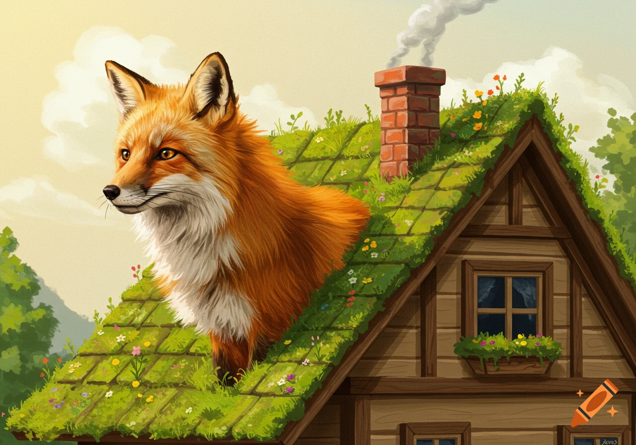 An illustrative painting of a fox on the grass-covered roof of a cottage.