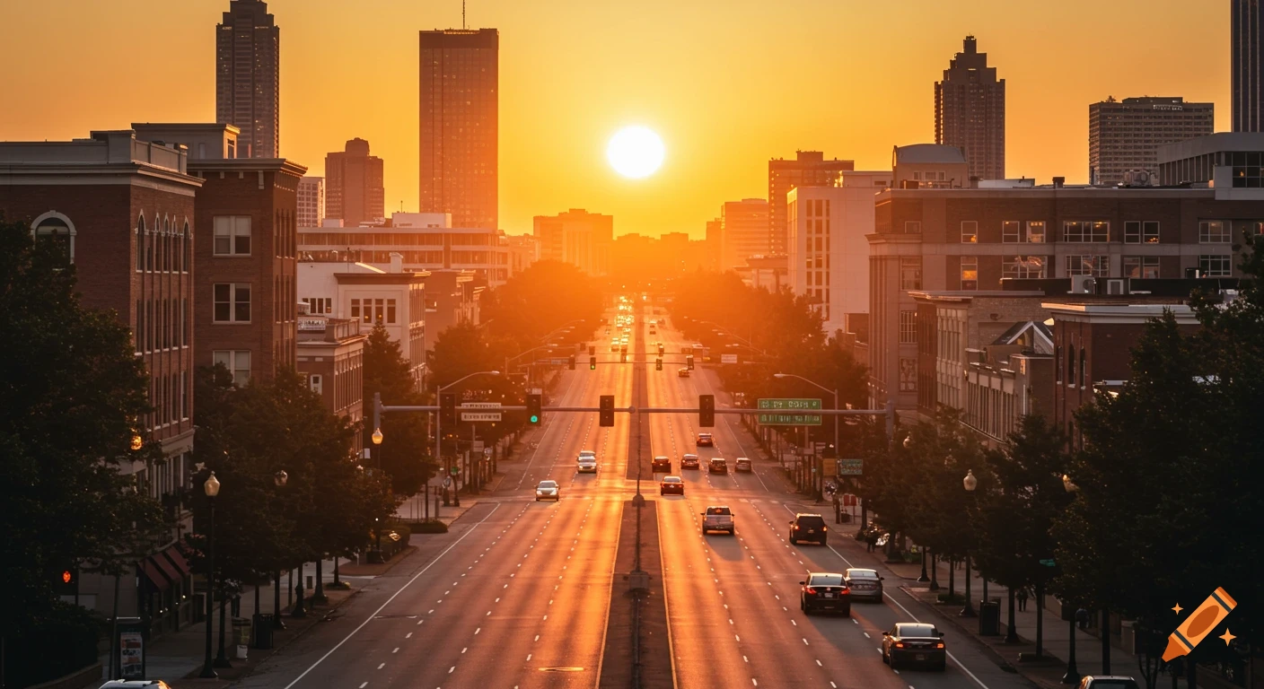 Wide city street at sunset with cars driving towards the sun