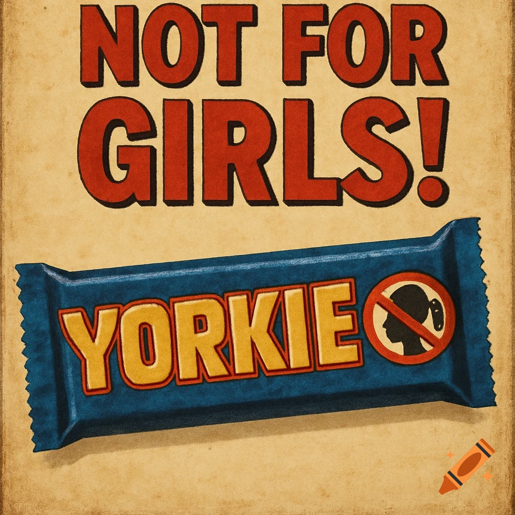Retro-style poster for a Yorkie chocolate bar with text that reads "NOT FOR GIRLS!"