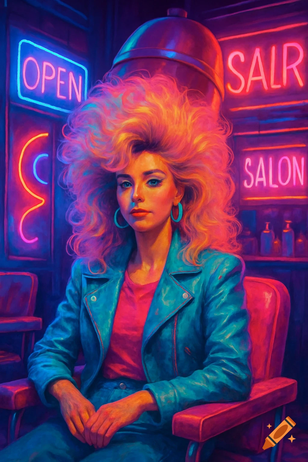 A woman with big, colorful hair sits in a neon-lit 80s hair salon.