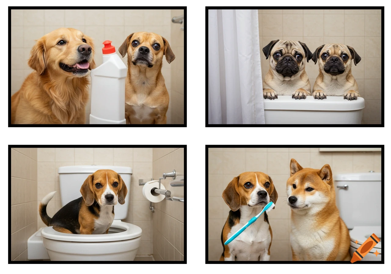 Four panels show different dogs in a bathroom, some with toilets, cleaning supplies, or toothbrushes.