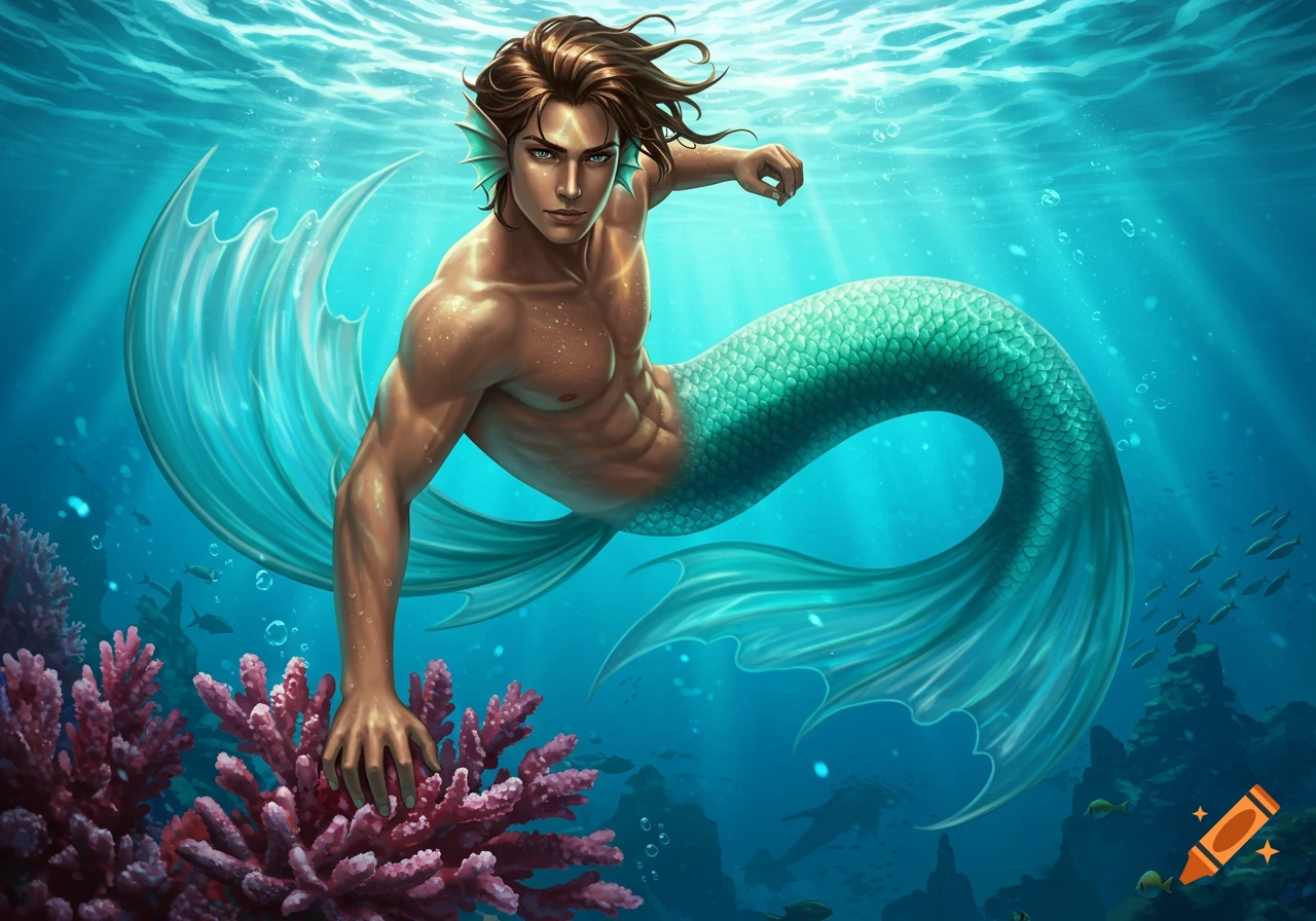 A muscular merman with brown hair and a teal tail swims past a pink coral reef underwater.