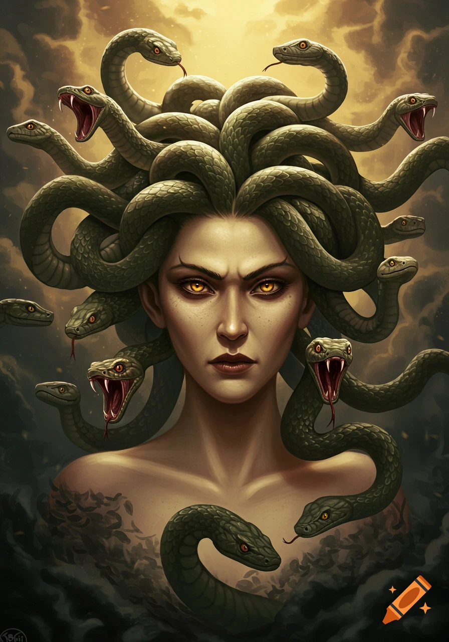 Fantasy illustration of Medusa with intense yellow eyes and snakes for hair