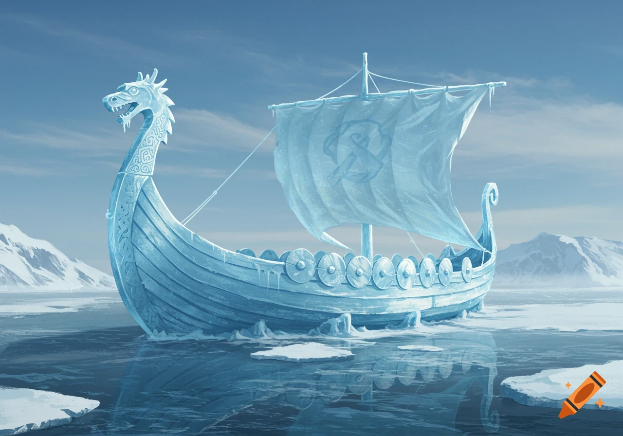 An ice viking ship sails on icy water with snowy mountains