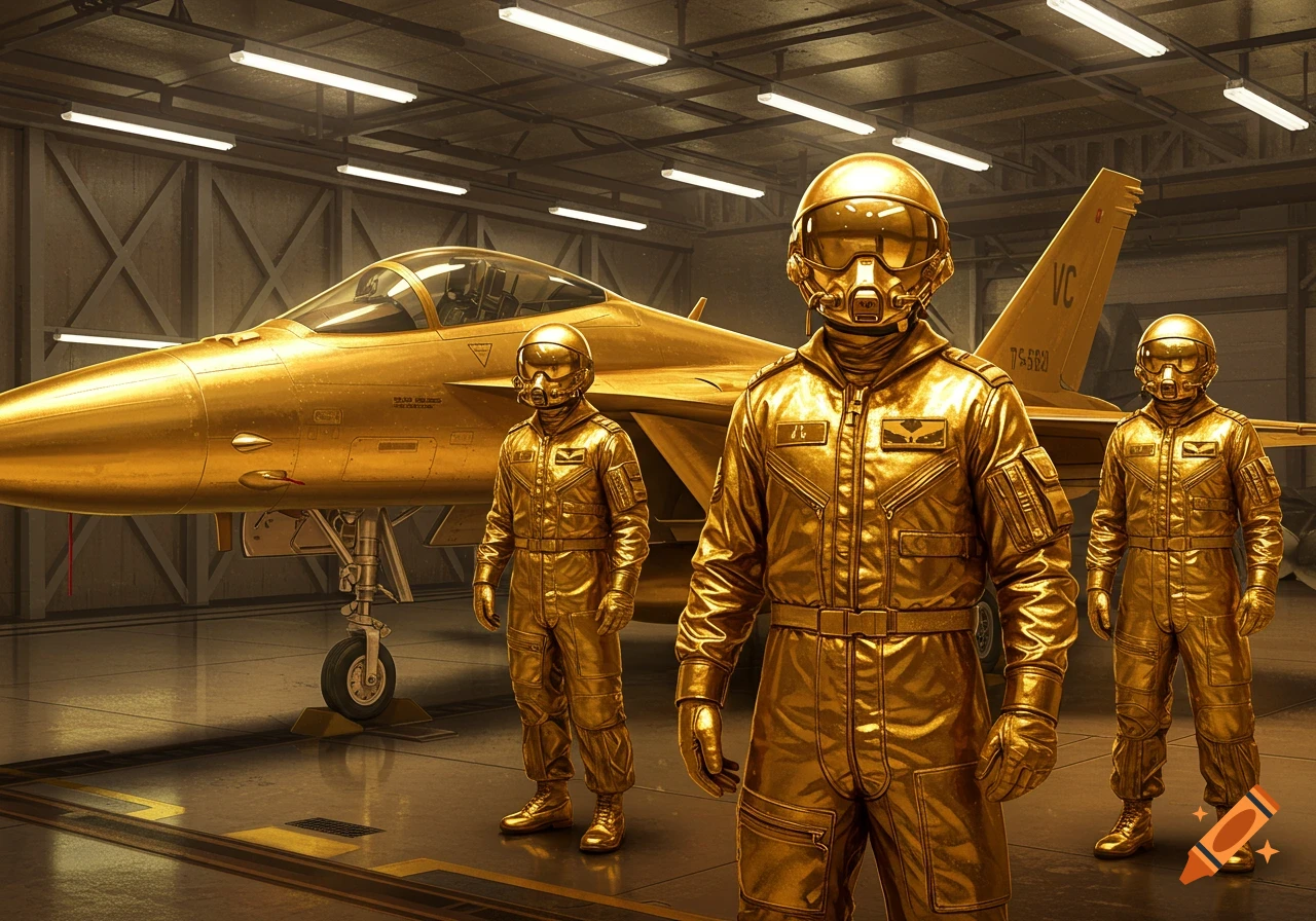 Three figures in golden flight suits and helmets stand next to a golden fighter jet in a hangar.
