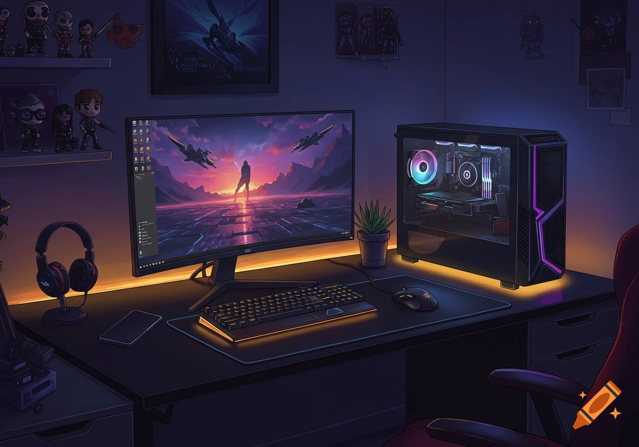 Stylized digital art of a gaming desk setup with a PC, monitor displaying a sci-fi scene, keyboard, mouse, headset, and figures on shelves.