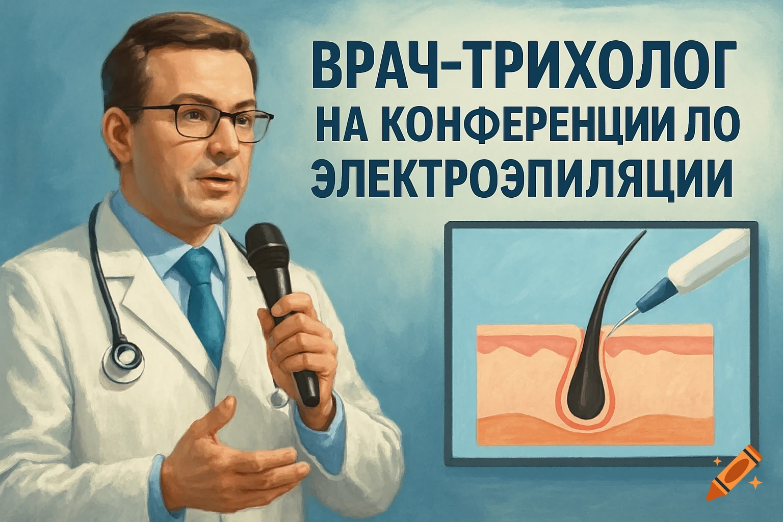 A doctor gives a presentation at a conference, showing a diagram of hair removal.