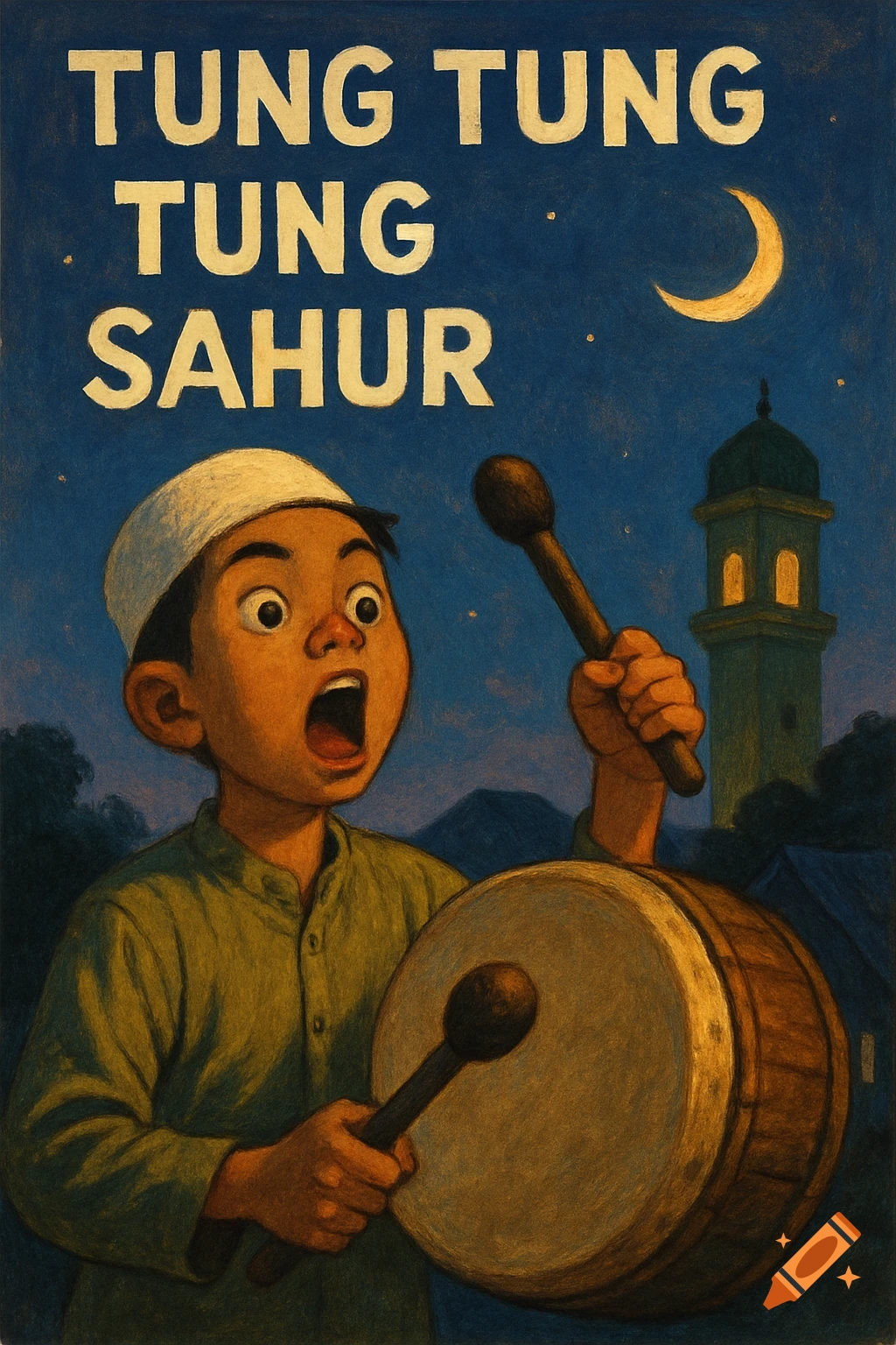 Illustration of a boy playing a drum at night with a mosque and crescent moon, text reads 'TUNG TUNG TUNG SAHUR'.