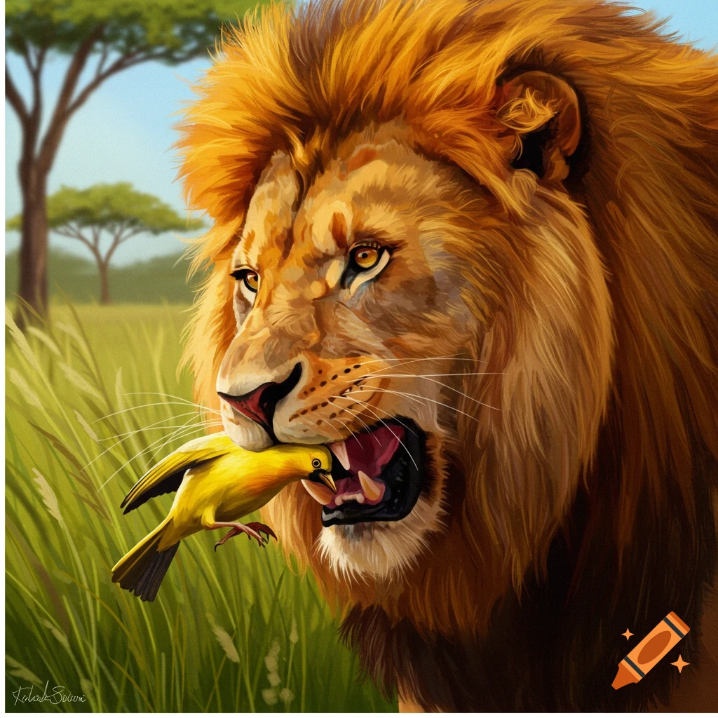 A large lion with a golden mane holds a small yellow bird in its mouth in a savanna landscape. Digital painting.