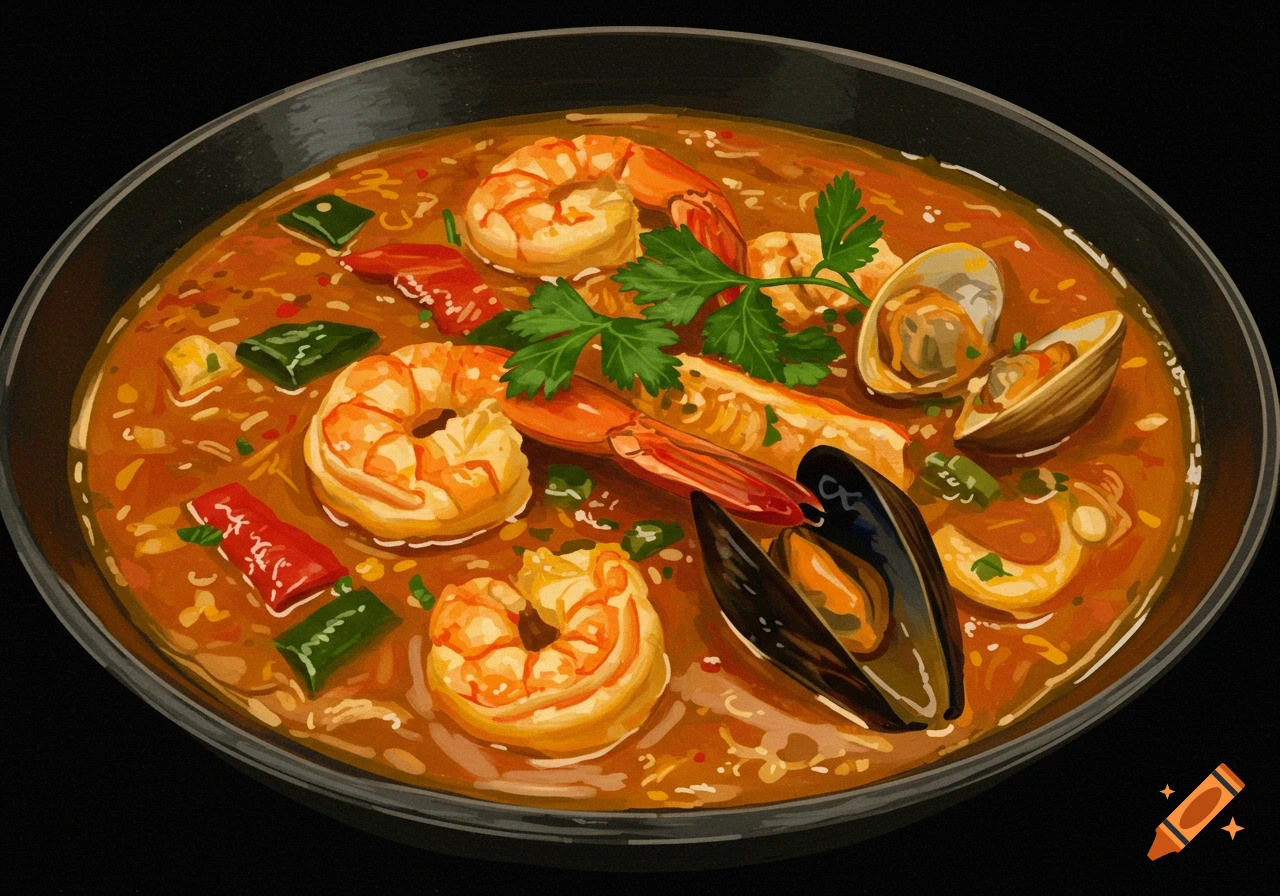 A bowl of seafood soup or stew with shrimp, mussels, and clams in a painterly style.
