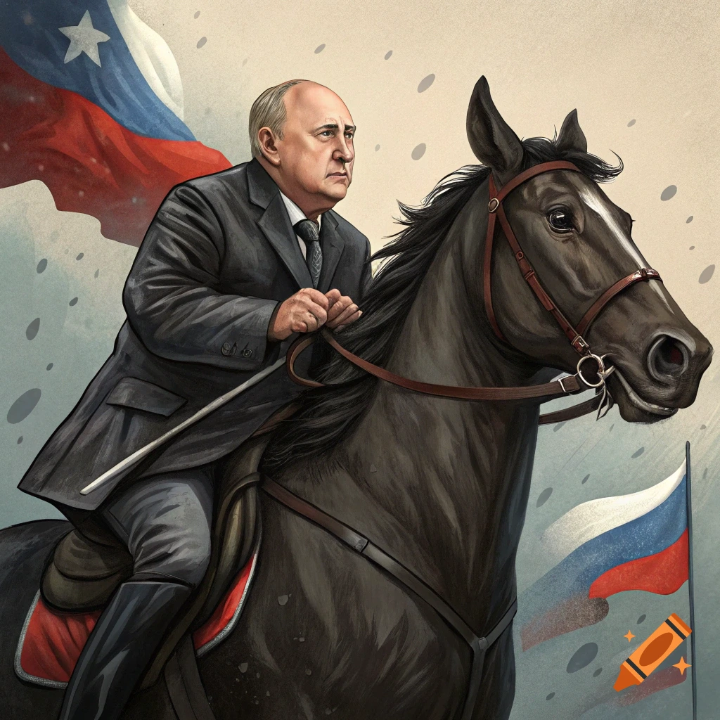 Illustration of Vladimir Putin riding a horse with Chile and Russia flags