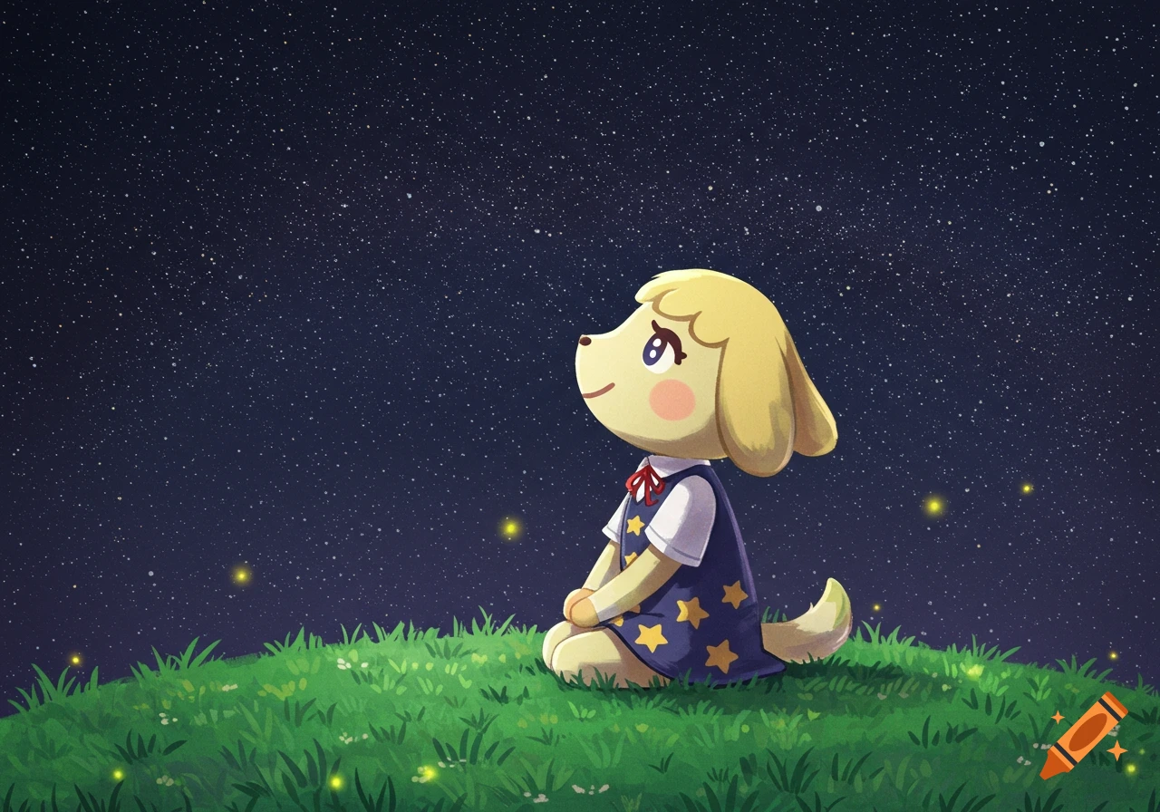 Cartoon dog sitting on grass looks up at a starry night sky.
