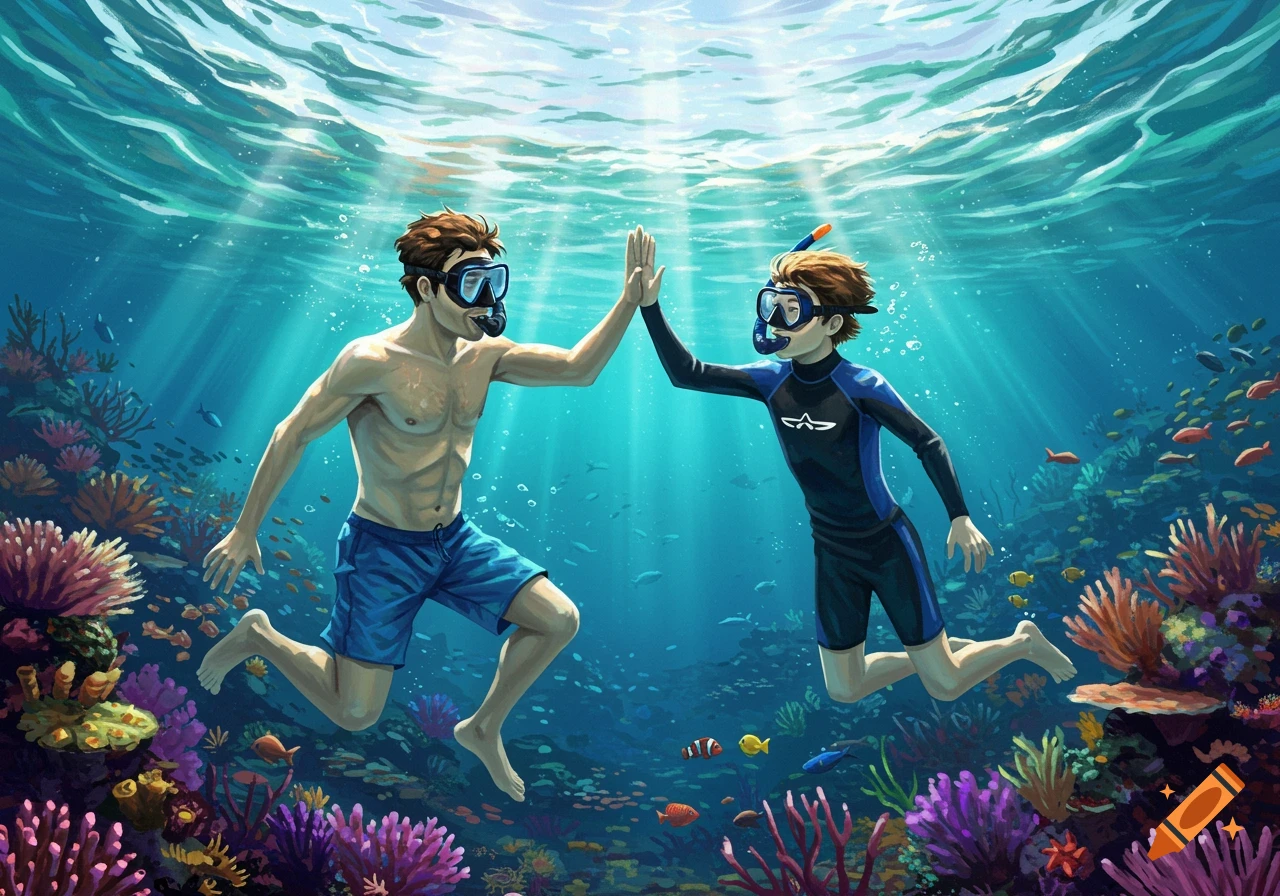 Father and son high-fiving while snorkeling underwater over a coral reef, illustration style.
