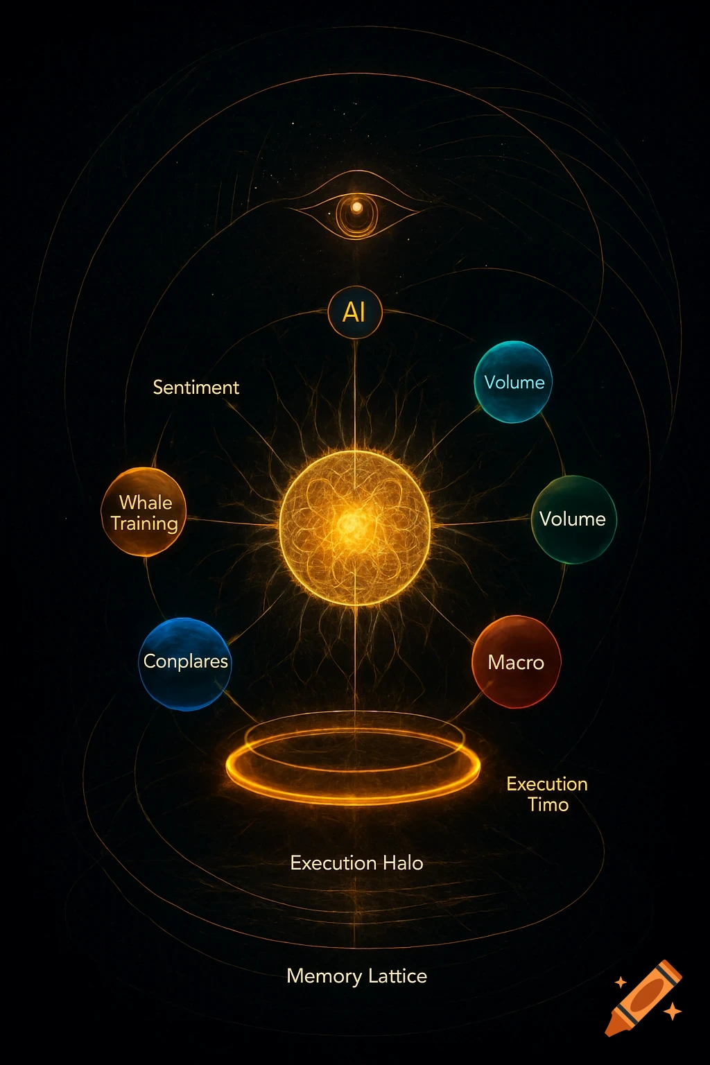 Abstract diagram of an AI system with glowing core, spheres, and text labels on a dark background.