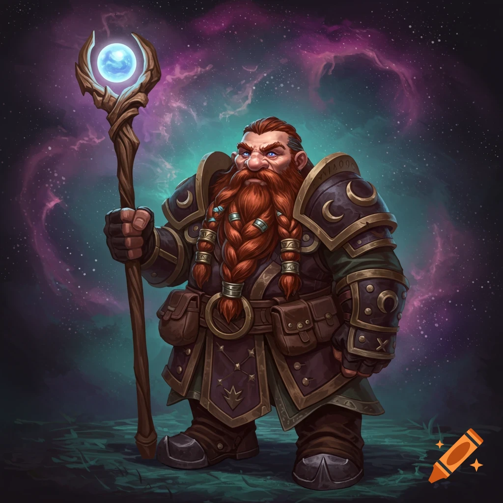 Fantasy art of a dwarf celestial warlock holding a glowing staff against a cosmic background.