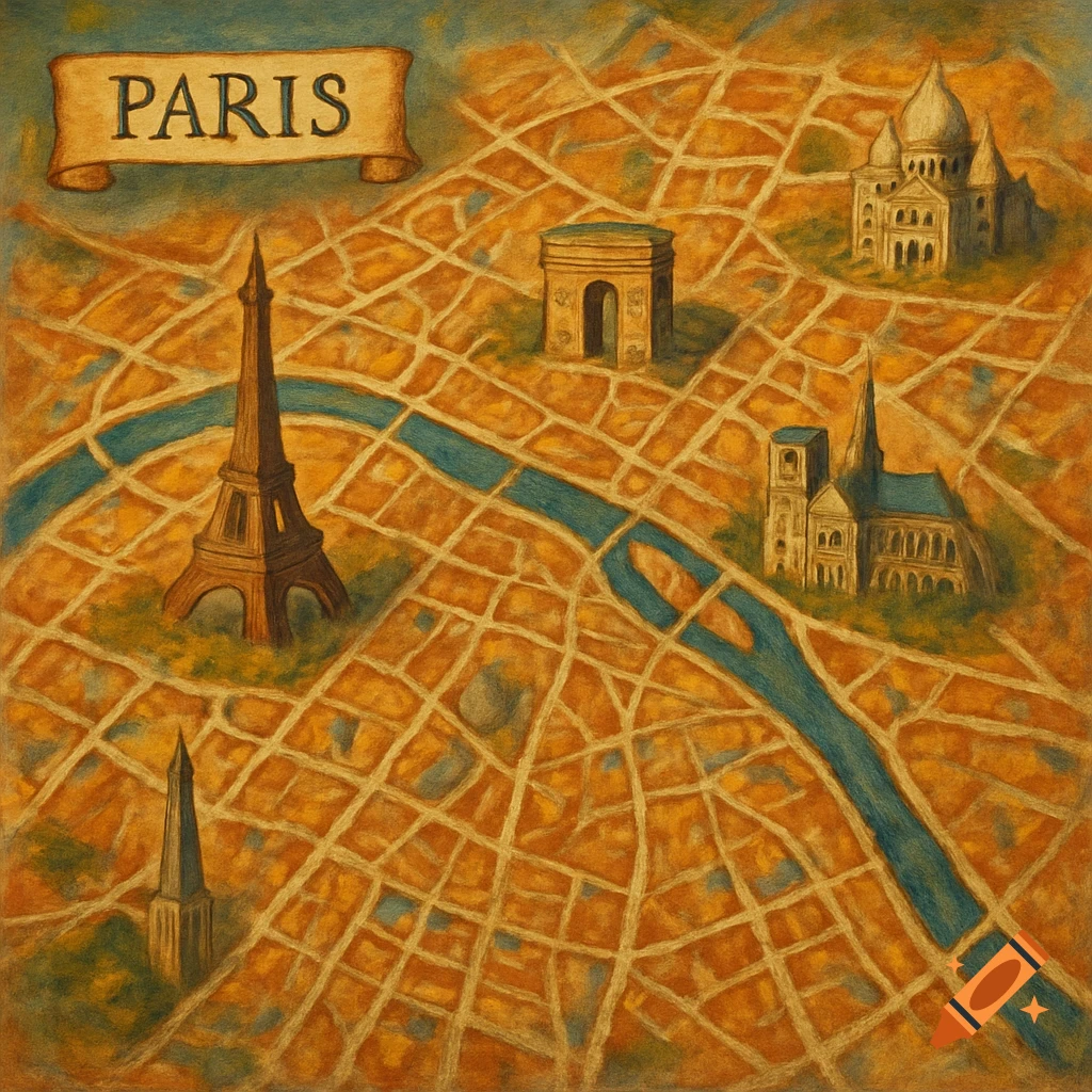 A stylized map of Paris showing landmarks like the Eiffel Tower, Arc de Triomphe, and Notre Dame.
