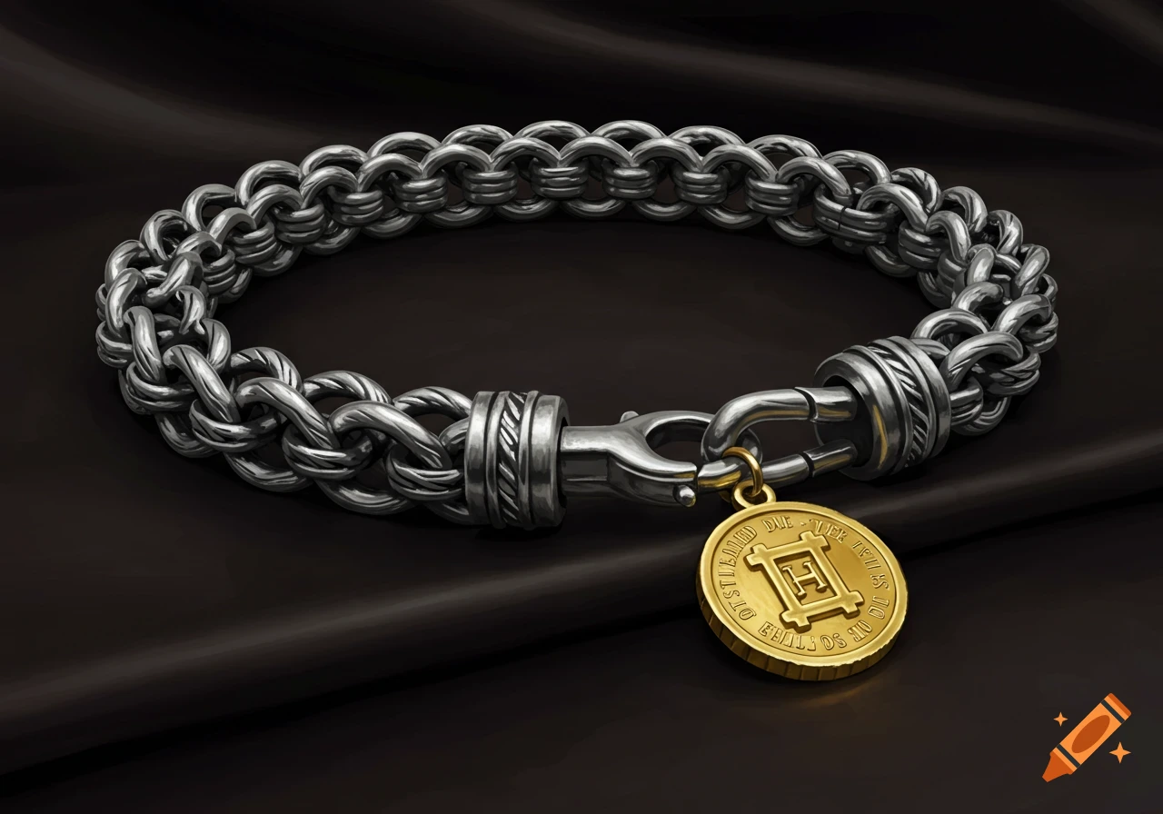 A thick silver chain bracelet with a gold coin charm.