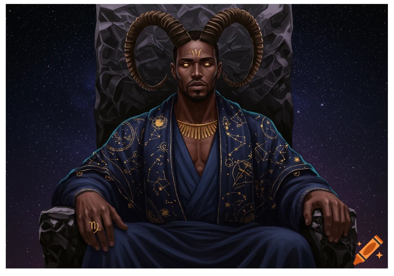 A regal man with ram horns and glowing eyes sits on a throne, wearing a robe with celestial patterns against a starry background.