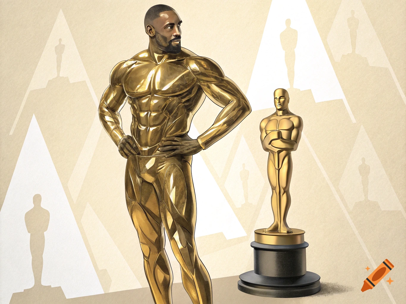 Stylized illustration of a golden, muscular man resembling Idris Elba standing next to an Oscar trophy.