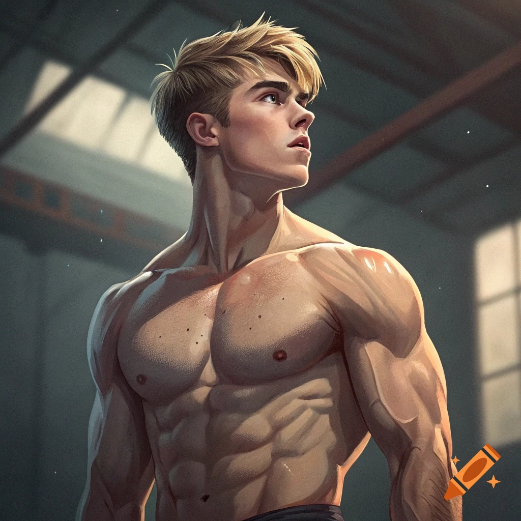 Illustrated muscular blond man in a gym looking up