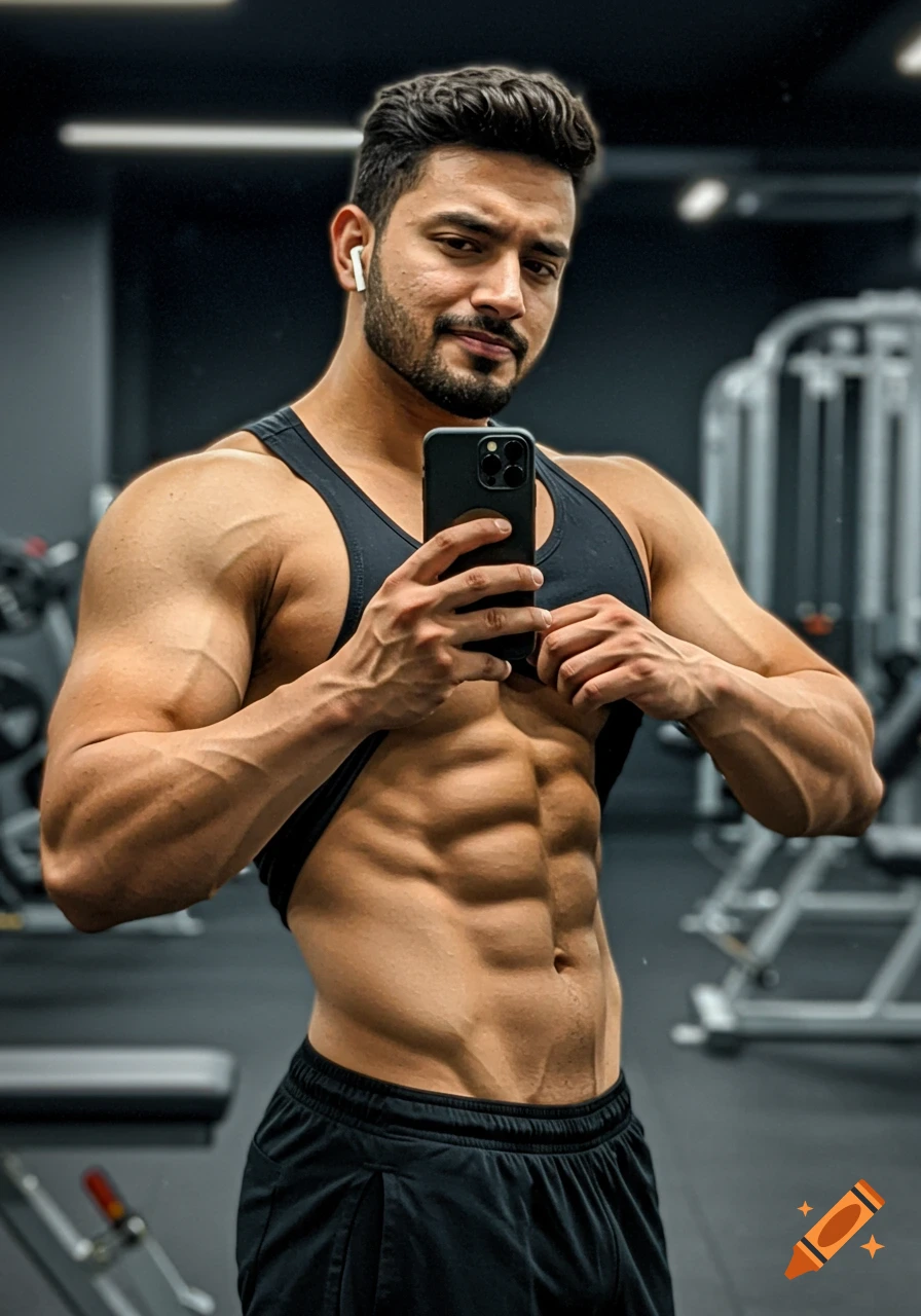 Muscular man takes a gym selfie showing abs
