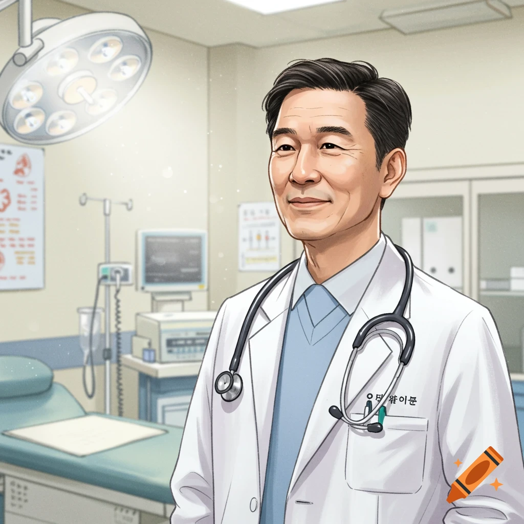 Illustration of a doctor smiling in a hospital examination room