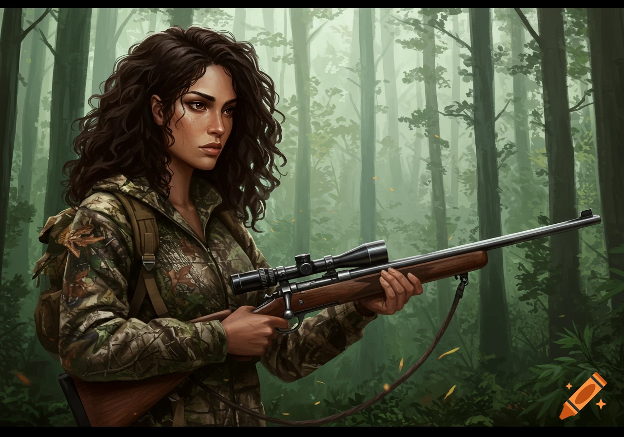 Illustration of a woman with a rifle standing in a forest.