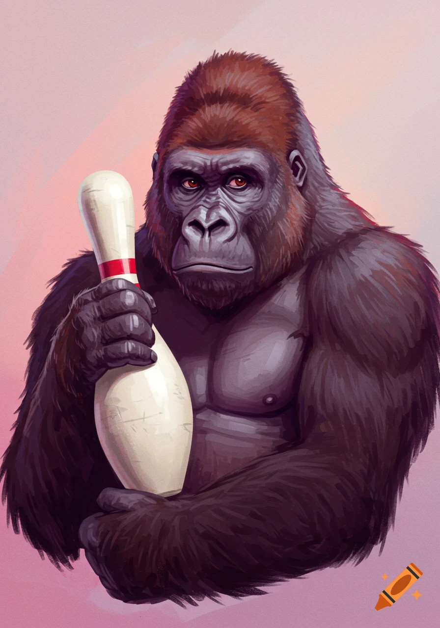 A painted portrait of a gorilla holding a bowling pin.