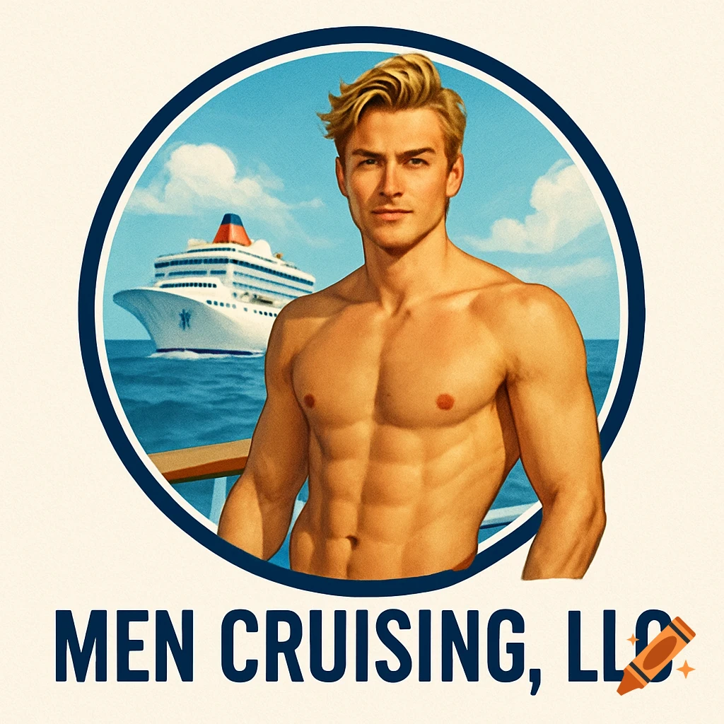 Logo of a shirtless man and cruise ship within a circle, with text 'MEN CRUISING, LLC' below.