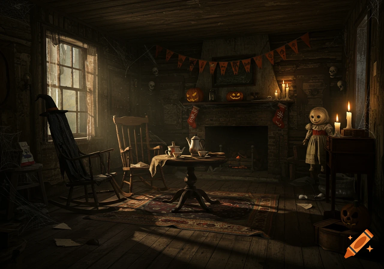 A spooky Halloween decorated cabin interior with pumpkins, candles, a doll, and spiderwebs.