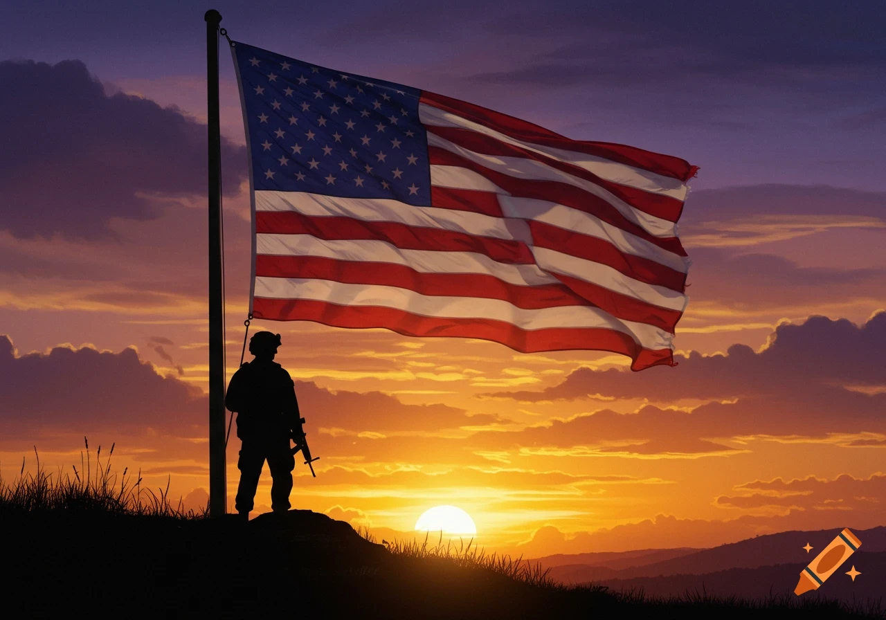 Silhouette of a soldier on a hill with a large American flag at sunset.