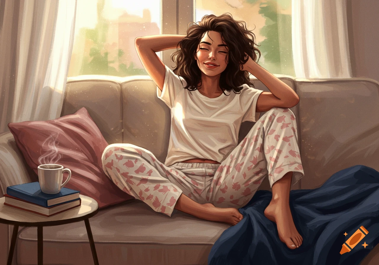 Illustrative portrait of a woman relaxing on a couch with coffee and books.