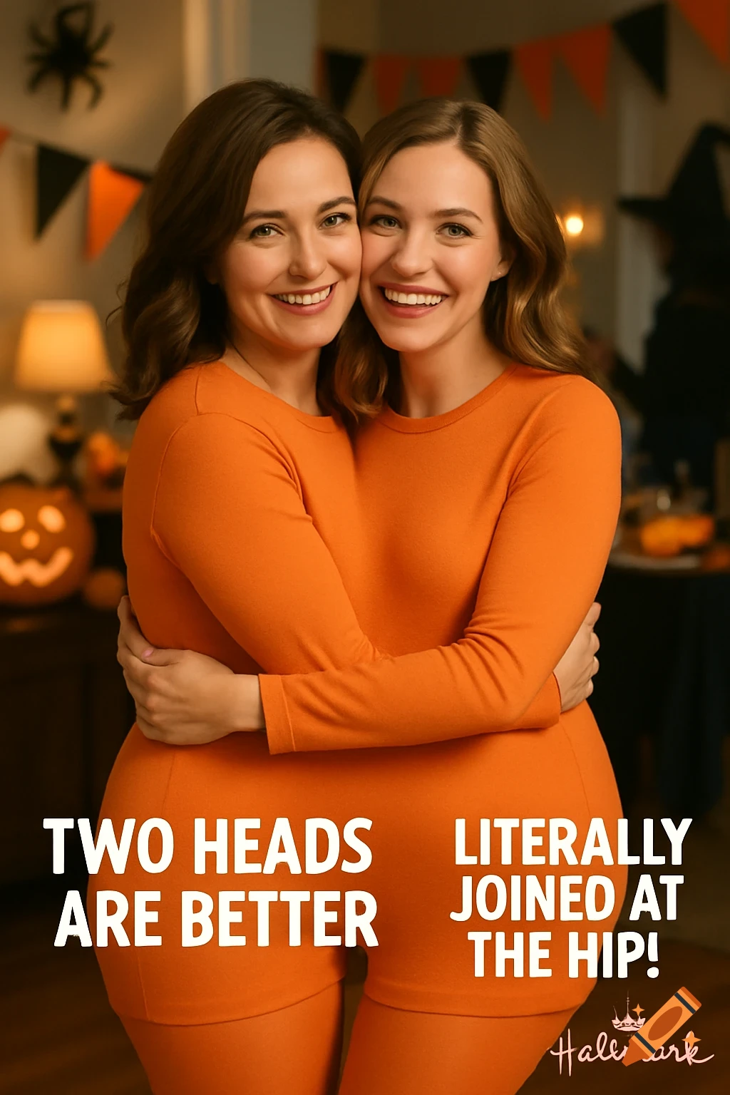 Two women in a merged orange costume illusion for Halloween with text overlay.