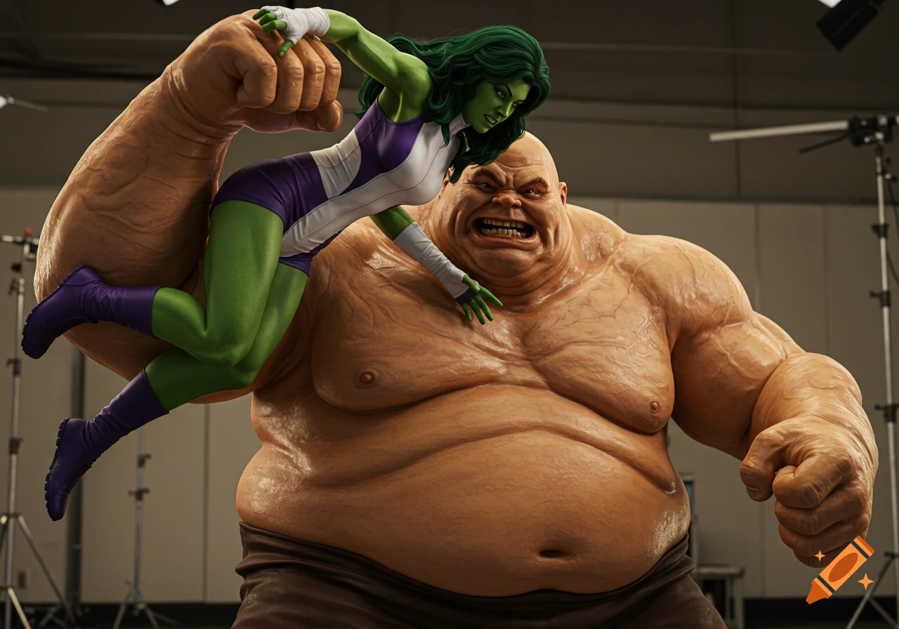 She-Hulk being lifted one-handed by the Blob in a fight scene, photorealistic render.