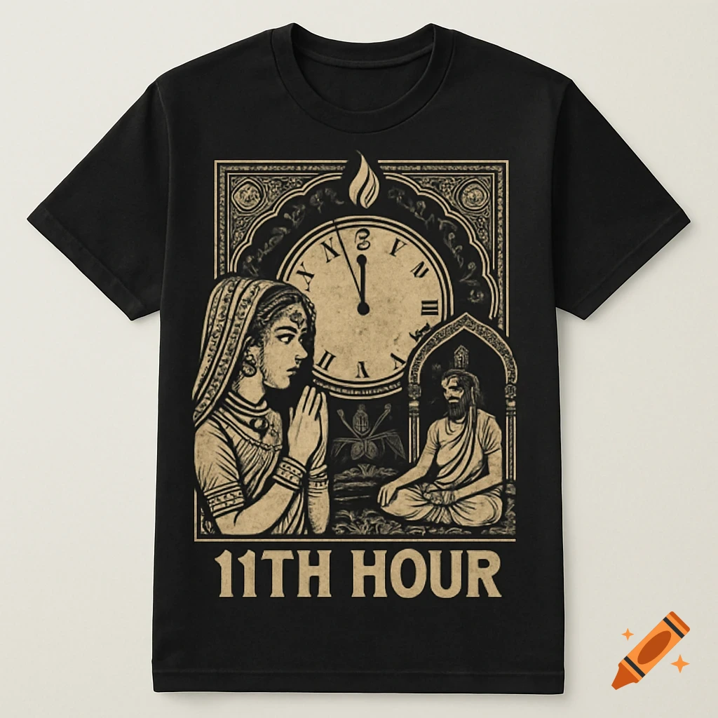 A black t-shirt with a vintage-style illustration in beige. The design features a woman praying and a man meditating around a large clock, framed by Indian architectural patterns. '11TH HOUR' is printed below.