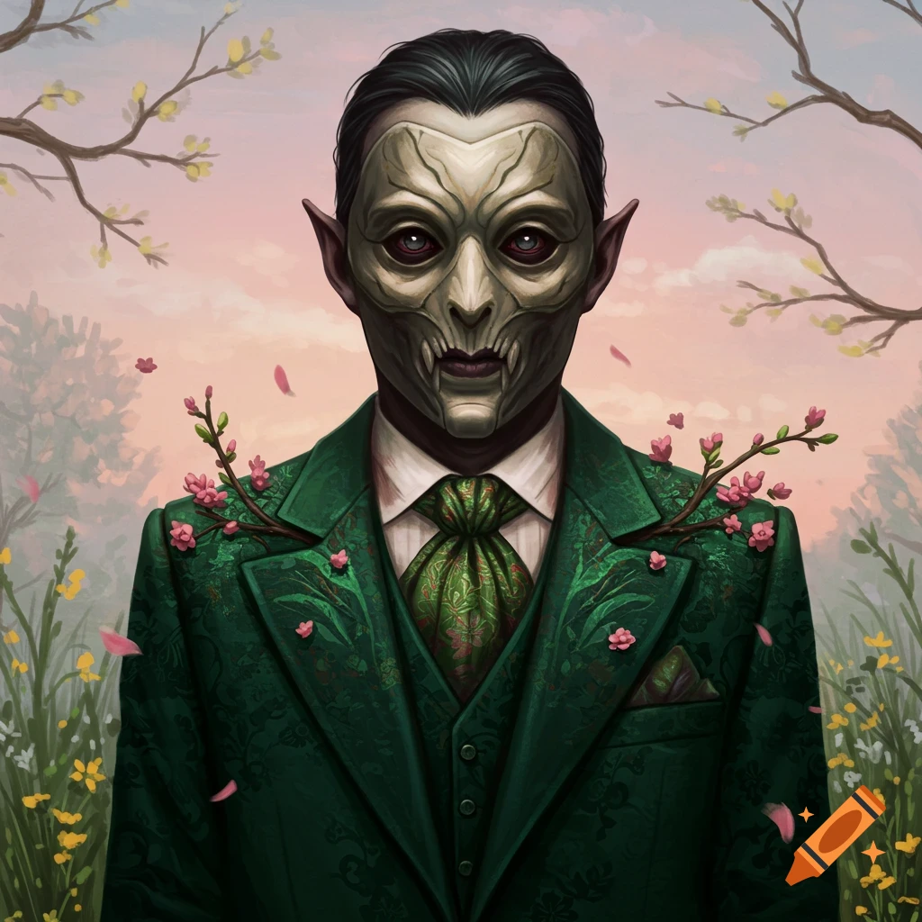Fantasy creature wearing a mask and green suit stands in a spring garden.