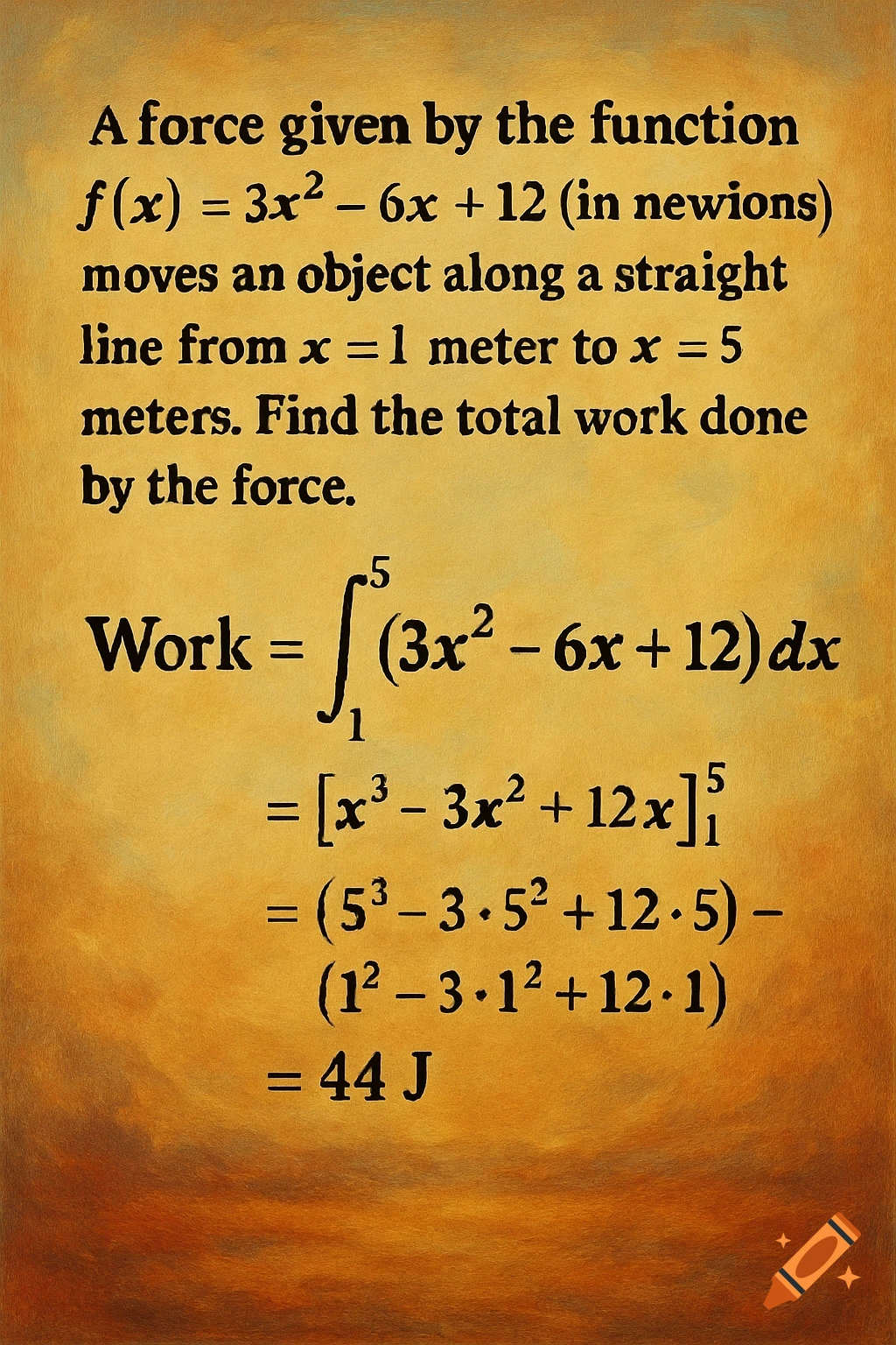 A physics problem calculating work done by a force, showing the equation, integration steps, and final answer.