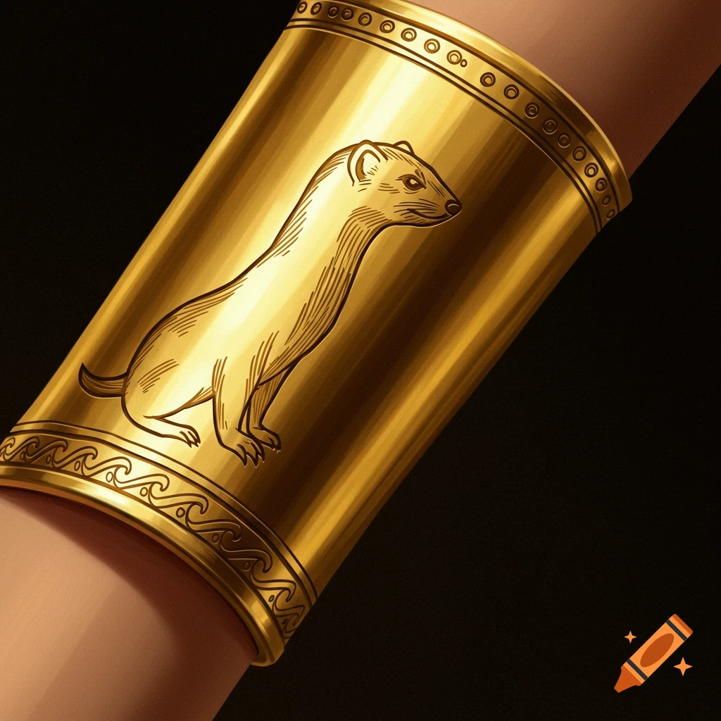 Golden arm band with an etched weasel design
