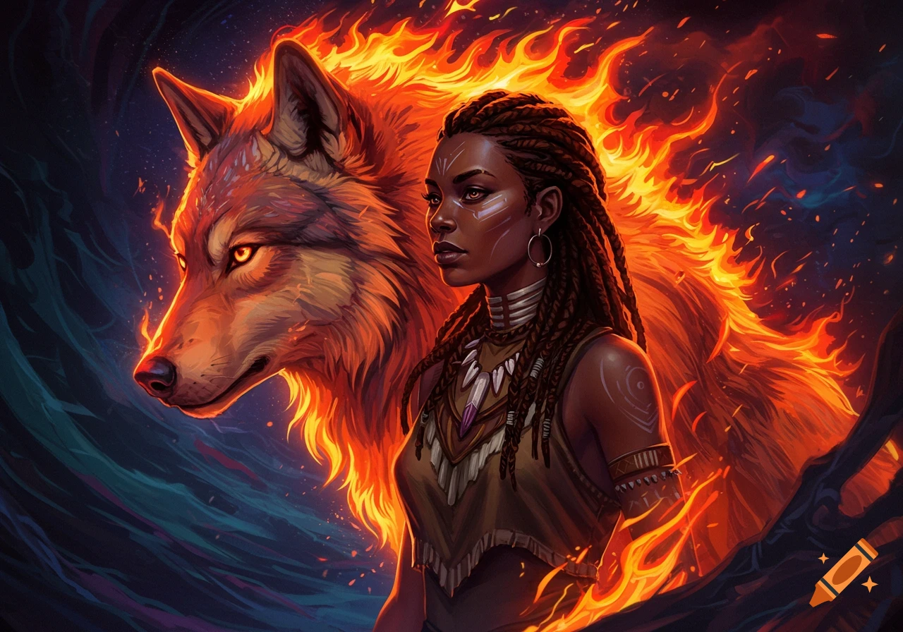 Fantasy illustration of a woman with dreadlocks next to a large wolf engulfed in orange flames against a dark background.
