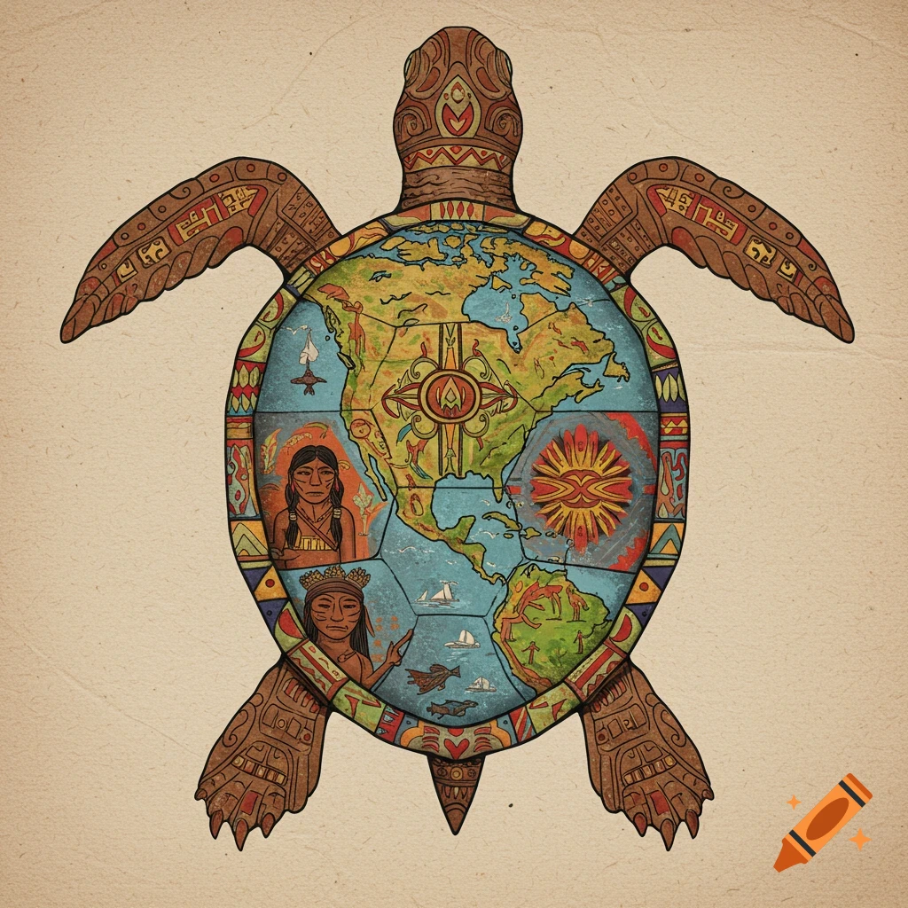 Stylized illustration of a turtle with North and South America mapped on its shell, surrounded by indigenous art and symbols.