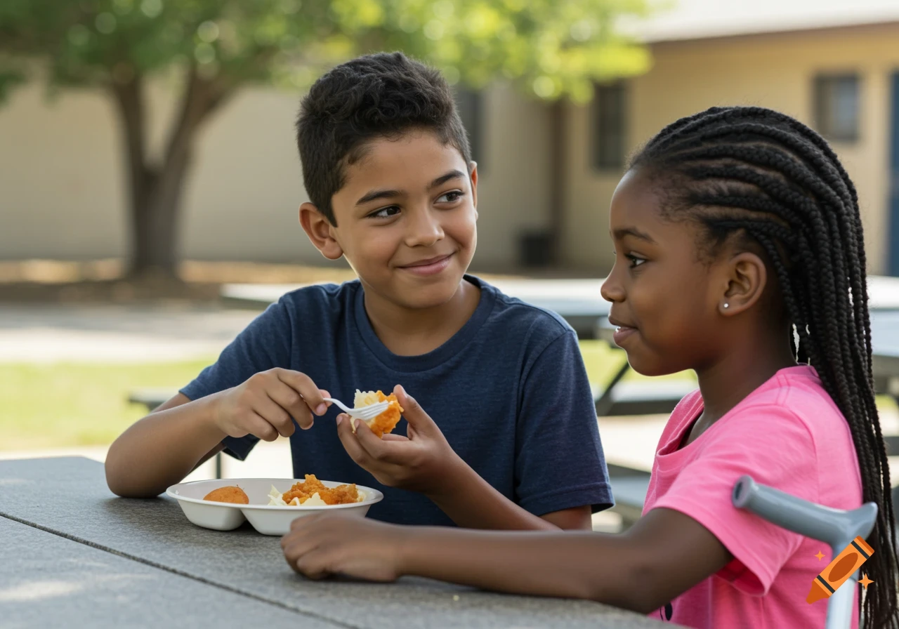 Hispanic boy shares lunch with Black girl with braids at outdoor table