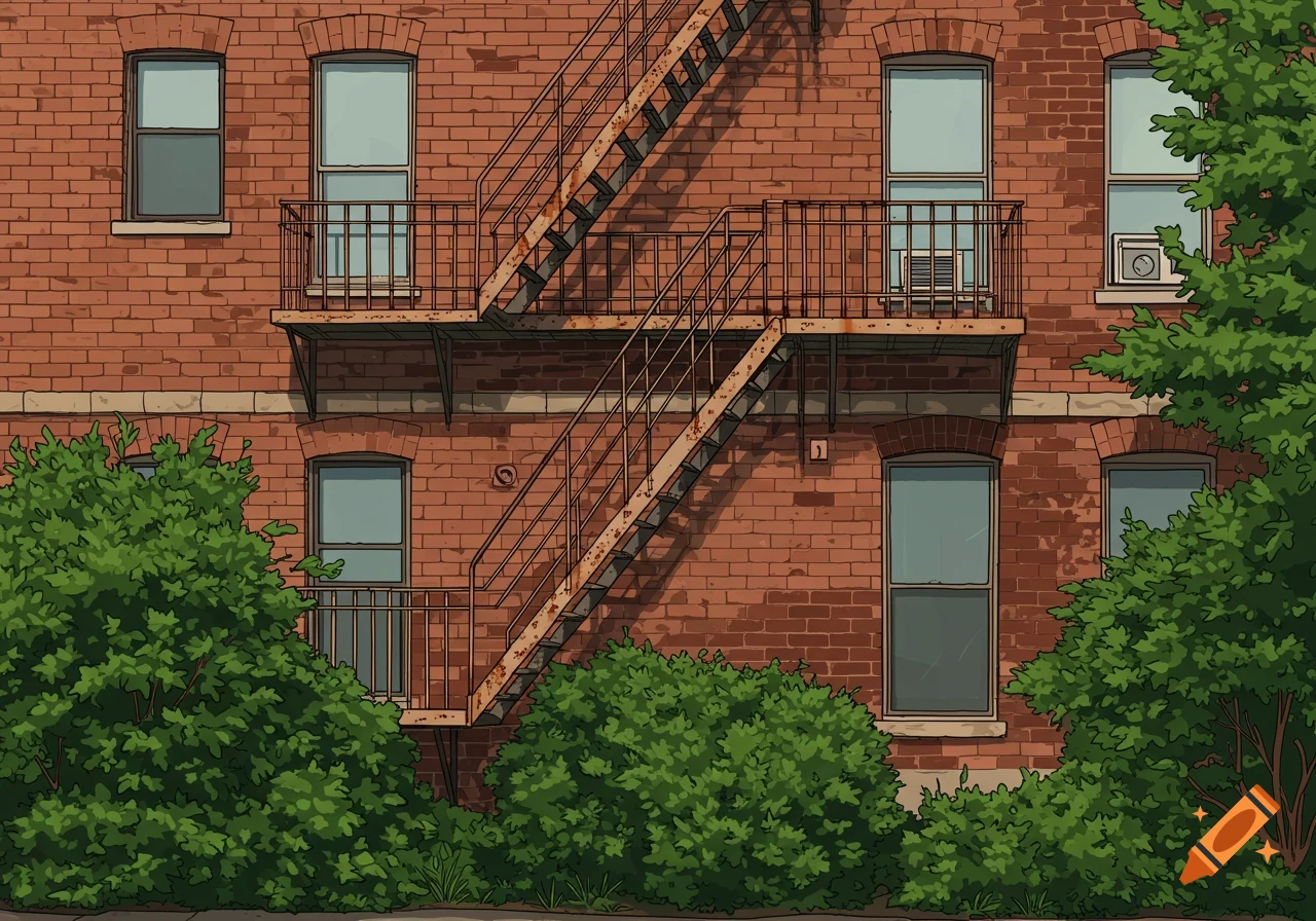 Vector illustration of a brick building facade with a fire escape and green bushes.