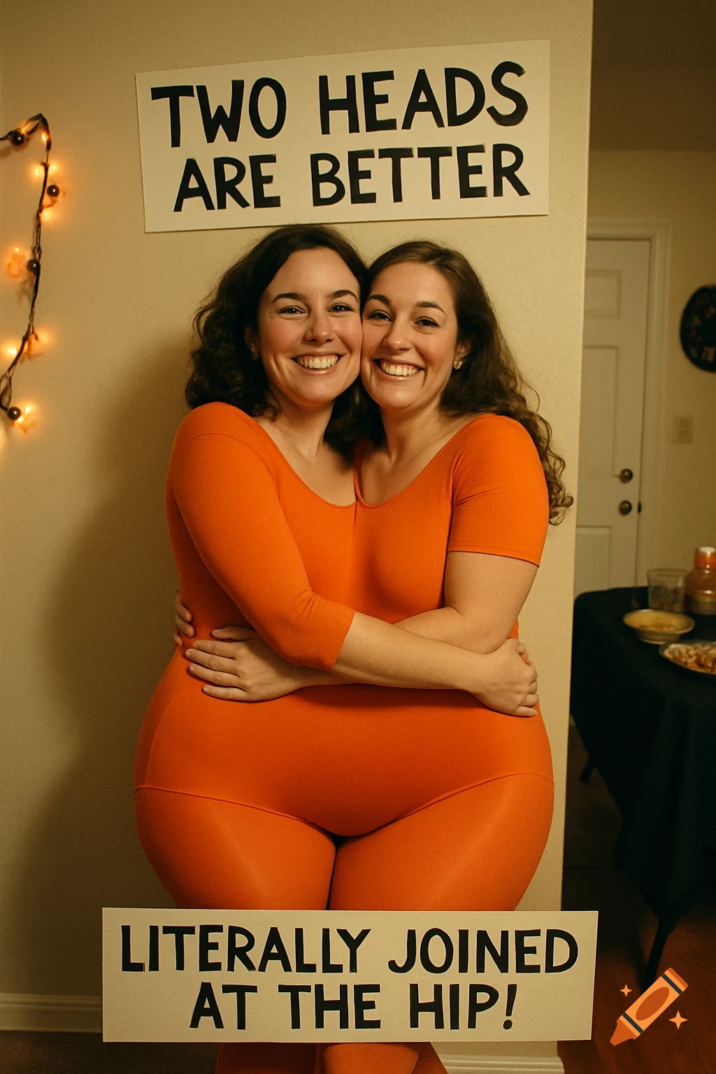 Two women in an orange costume forming a two-headed illusion, holding signs that read "Two heads are better" and "Literally joined at the hip!".