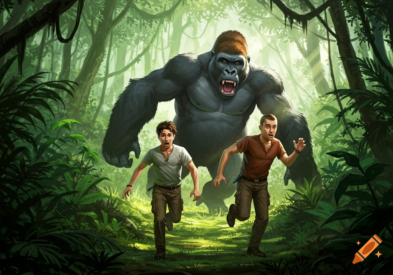 Two men run in fear through a jungle from a large, roaring gorilla.