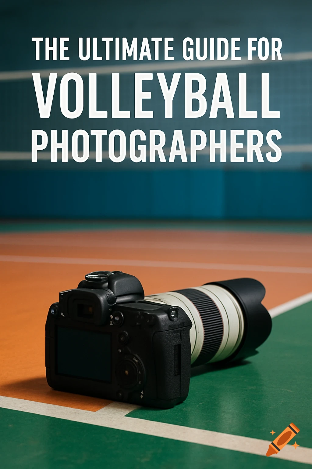 A professional camera with a 70-200mm lens on a volleyball court. Text reads "The Ultimate Guide for Volleyball Photographers".