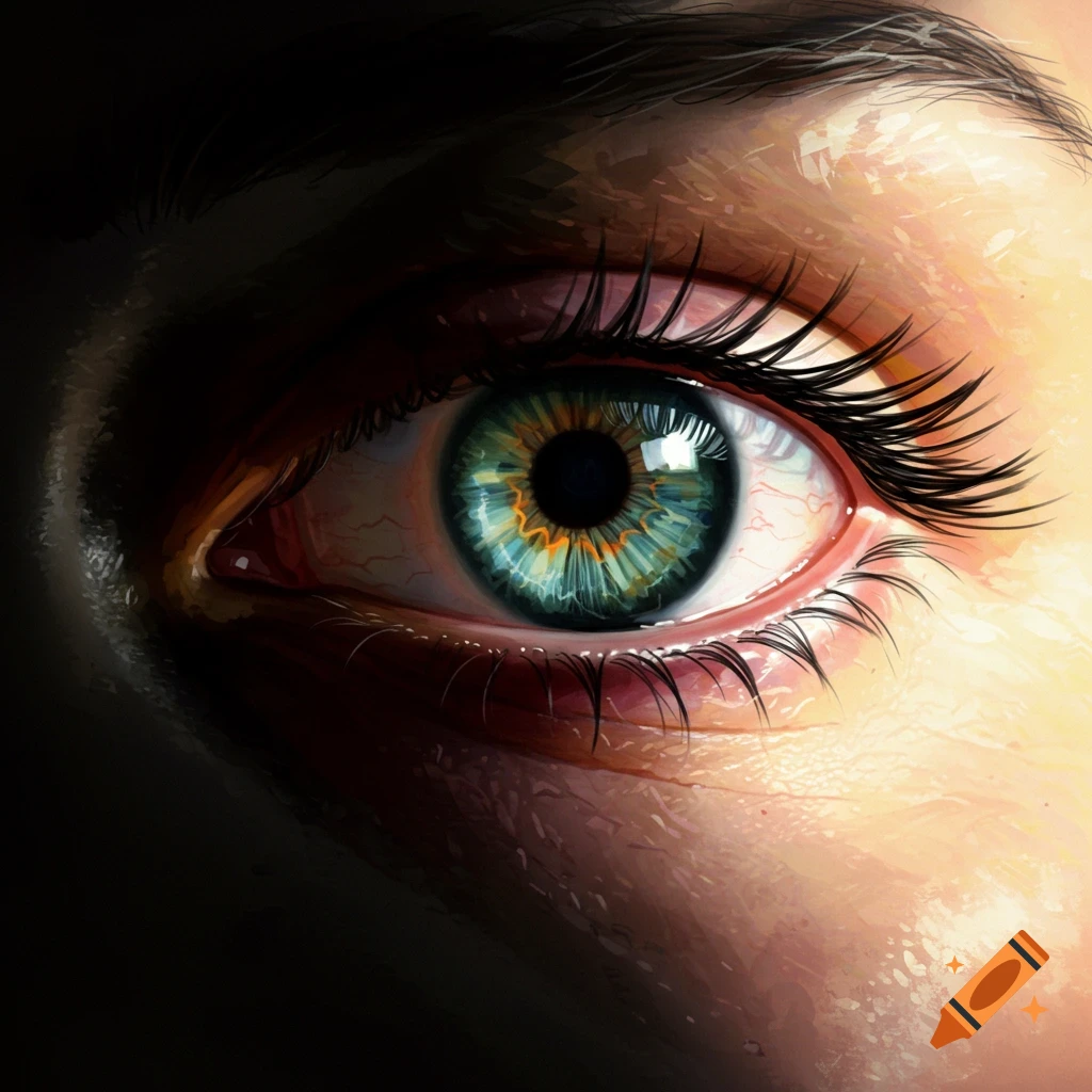 Close-up digital painting of a human eye with green and orange iris, dark on one side, bright on the other.