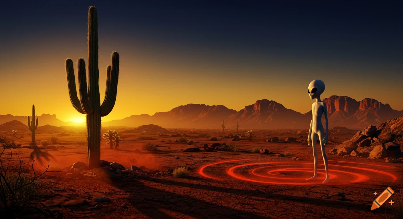An alien stands beside a saguaro cactus in a desert landscape at sunset with glowing red rings on the ground.