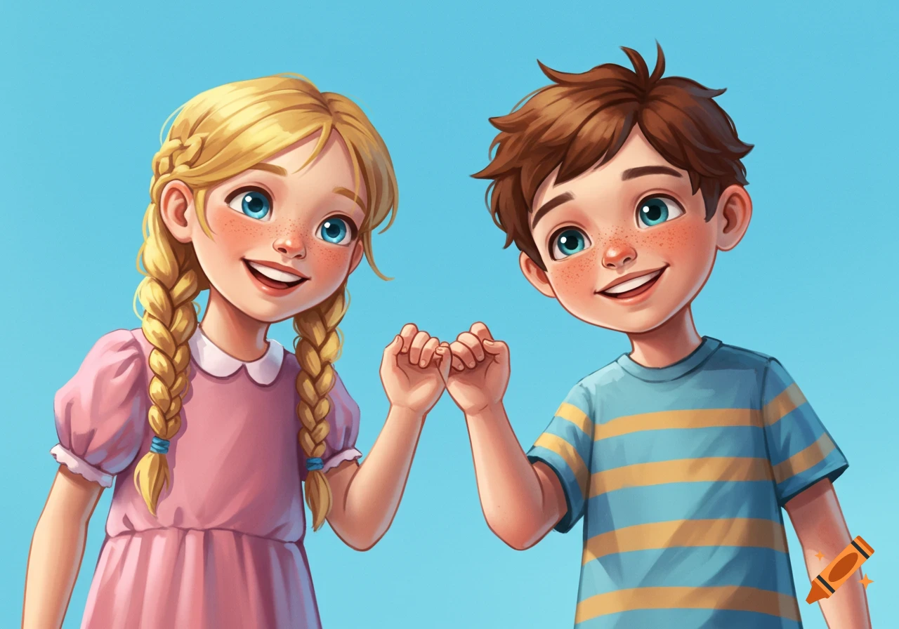 An illustration of a girl and a boy making a pinky promise.