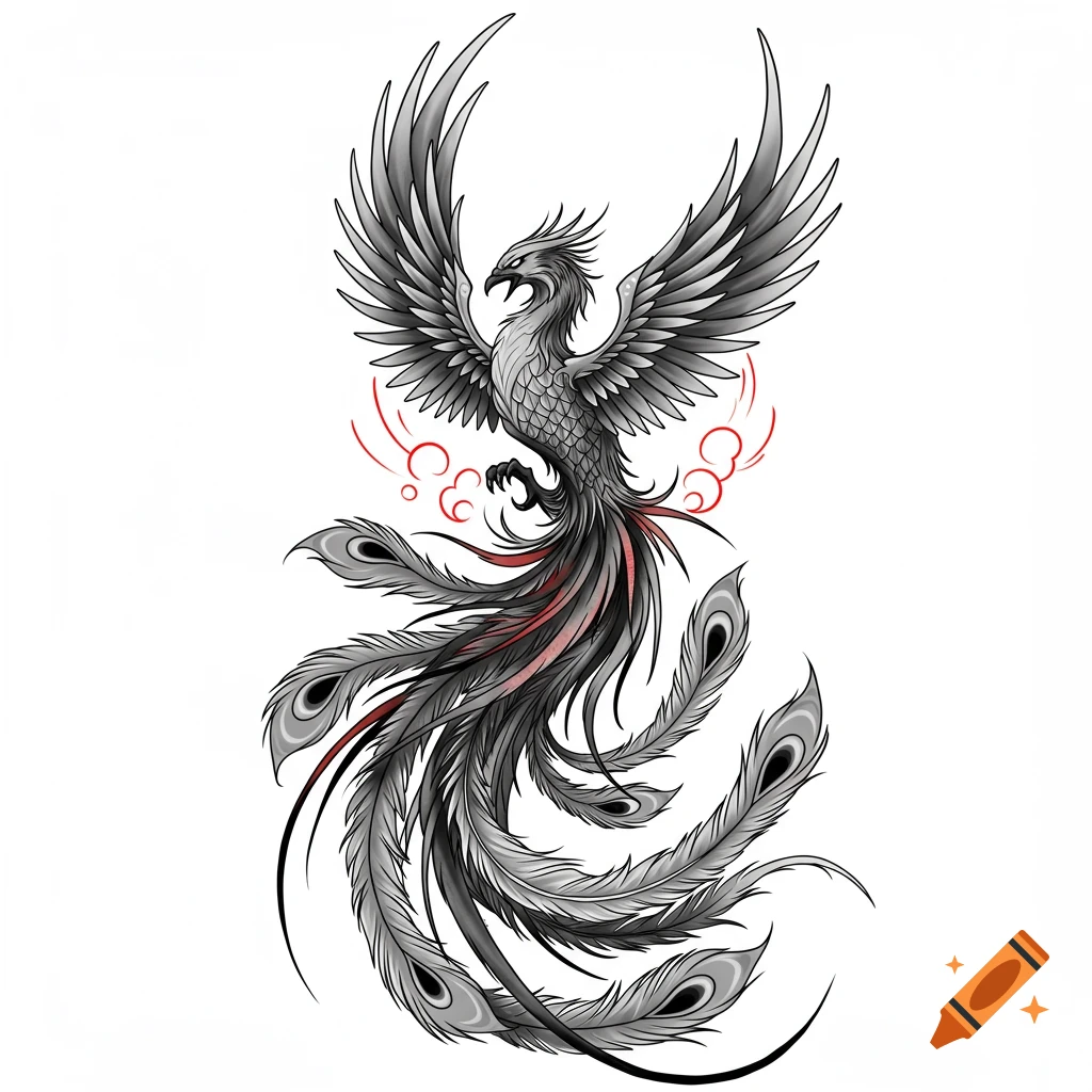 Stylized black and white phoenix tattoo design with red accents and long feathery tail