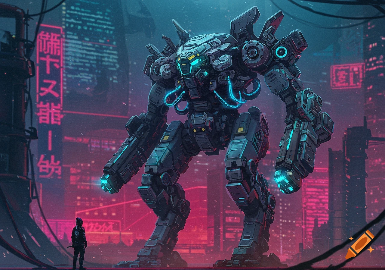 Large mech suit stands before a glowing cyberpunk city.